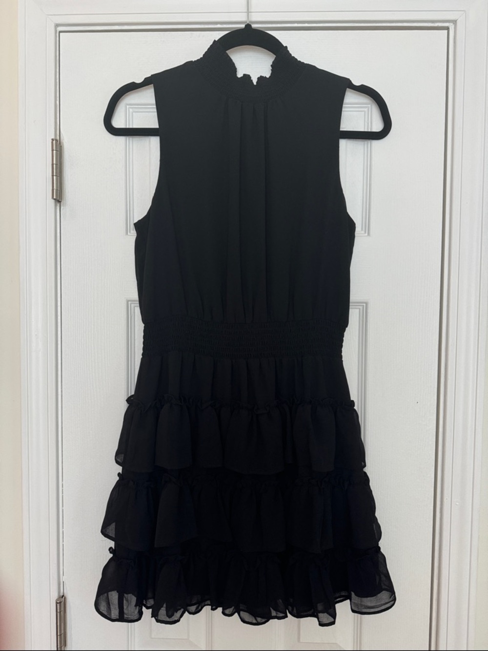 1. State Black Sleeveless Smocked Waist Ruffle Tiered Mini Dress - Picture 3 of 4